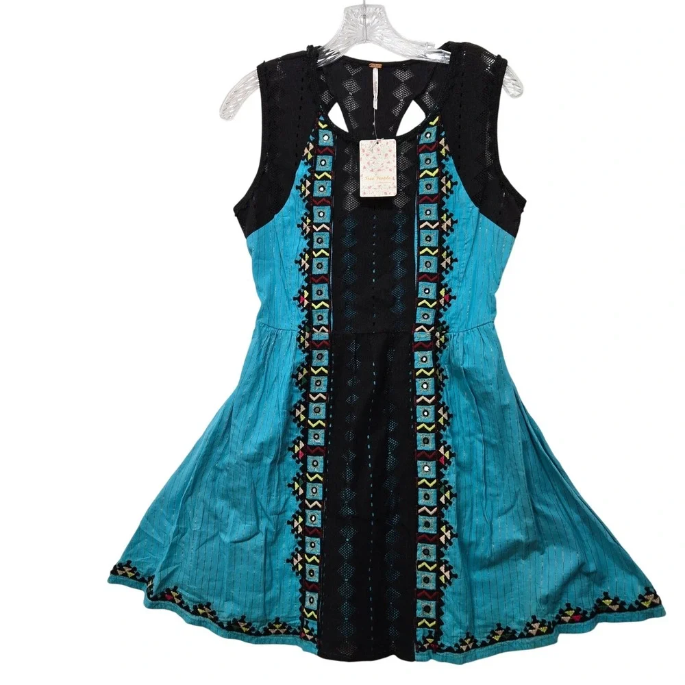 Free People Mini Dress Size 4 Turquoise Blue‎ Boho Embroidered NWT #973